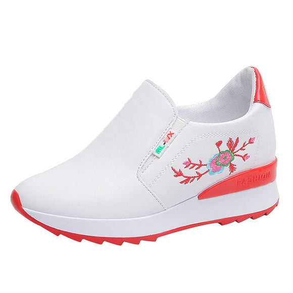 Leather White Shoes for Women Height Increasing Insole Thick Bottom Versatile Slip-on Casual Breath Mesh Mart Lion Red 34 