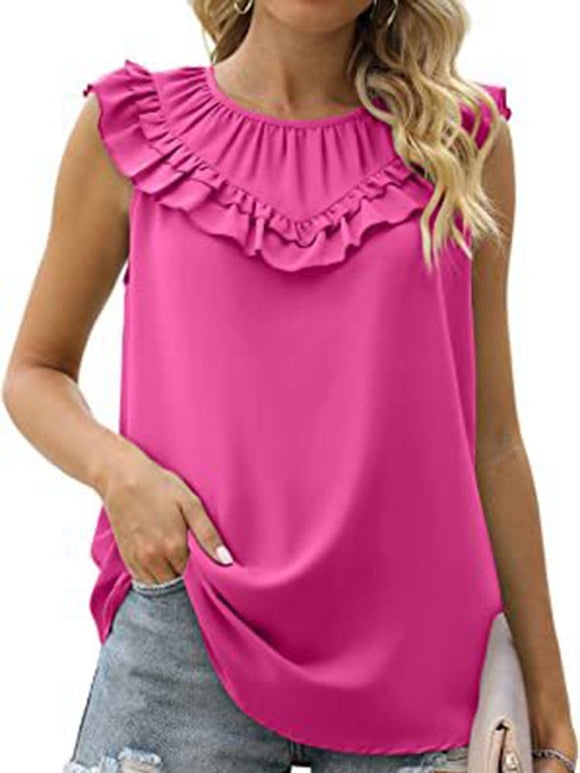 Women Summer New Vest Sleeveless Chiffon Shirt Casual Vintage O-neck Ruffles Folds Elegant Women Blouses Tank Top Mart Lion Rose Red S 