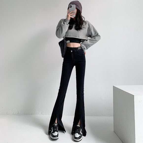 Flare Jeans Women's Low Waist Trousers Vintage Aesthetic Denim Pants Streetwear Mom Casual Korean Cyber Y2k Mart Lion Black XS 