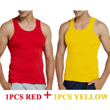 Tank Tops Men's Summer 100% Cotton Cool Fitness Vest Sleeveless Tops Gym Slim Colorful Casual Undershirt Male 7 Colors 1PCS Mart Lion 1PCS RED 1PCS YELLOW M 