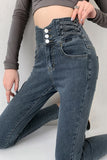 Skinny Pencil Jeans Four Buttons Vintage High Waist Women Slim Stretch Denim Pants Tight Trousers Mart Lion Blue Gray 3 Buttons XS CN