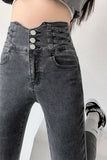 Skinny Pencil Jeans Four Buttons Vintage High Waist Women Slim Stretch Denim Pants Tight Trousers Mart Lion Gray  3 Buttons XS CN