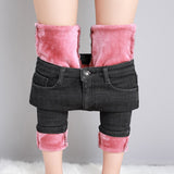Winter Warm Women Thick Velvet Jeans Fleece Full Length High Waist Skinny Elastic Pants Jean Casual Legging Mart Lion Dark Gray G05 25 