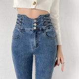Skinny Pencil Jeans Four Buttons Vintage High Waist Women Slim Stretch Denim Pants Tight Trousers Mart Lion   