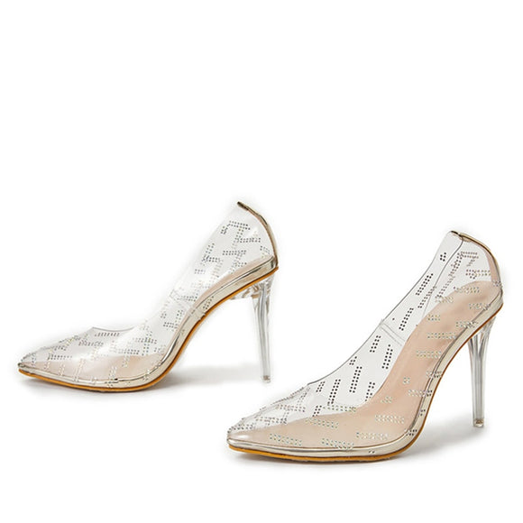 Rhinestones PVC Transparent Women Pumps Sandals Gold Pointed Toe Clear High Heels Stilettos Wedding Stripper Shoes Mart Lion Golden 35 