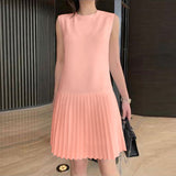 Summer Women Sleeveless Mini Dress Solid Pleated Short Dresses  Party MartLion   