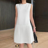 Summer Women Sleeveless Mini Dress Solid Pleated Short Dresses  Party MartLion   