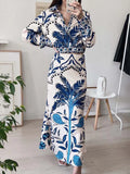 Women Print Midi Skirts Set 2 Pieces Suit Long Sleeve Blouses Tops Vintage Casual MartLion   