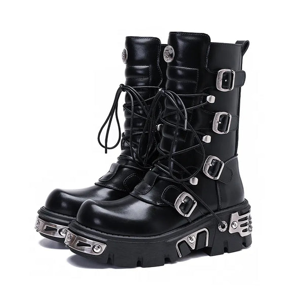 winter women's boots british style street rock black metal Middle tube knight Martin motorcycle shoes MartLion black 35 