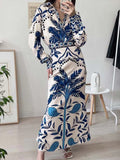 Women Print Midi Skirts Set 2 Pieces Suit Long Sleeve Blouses Tops Vintage Casual MartLion   