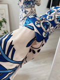 Women Print Midi Skirts Set 2 Pieces Suit Long Sleeve Blouses Tops Vintage Casual MartLion   