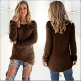 Women Warm Sweater Solid Color O Neck Loose Cotton Knitted Pullover Long Sweater Casual MartLion Brown S 