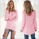 Women Warm Sweater Solid Color O Neck Loose Cotton Knitted Pullover Long Sweater Casual MartLion Pink S 