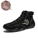 Men's Motorcycle Ankle Boots Rain Genuine Leather Safety Shoes Work Luxury HighTop Sneakers Winter MartLion Black plush 38 