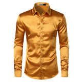Men's Black Satin Luxury Dress Shirts Silk Smooth Tuxedo Slim Fit Wedding Party Prom Casual Chemise Homme MartLion LC17 Gold US Size S 