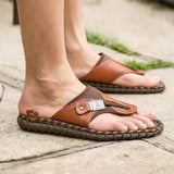 Cow Genuine Leather Retro Men's Summer Sandals Buckle Strap Beach Flip Flops Flat Water Shoes Solid Classic Casual Mart Lion   