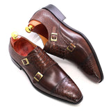 Men's Dress Shoes Genuine Leather Double Buckle Monk Strap Snake Print Cap Toe Classic MartLion   