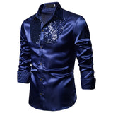 Purple Sequin Patchwork Silk Shirt Men's Western Boy Style Satin Dress Shirts Disco Dance Stage Prom MartLion   