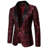 Black Jacquard Bronzing Floral Blazer Men's Luxury Brand Single Button Suit Jacket Wedding Party Stage Homme Mart Lion Wine Red S 