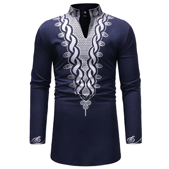  Dashiki Print Shirt Men's Hipster Streetwear Extra Long Clothes Slim Fit Long Sleeve Shirt Camisa Social MartLion - Mart Lion