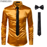 Black Men's Silk Dress Shirts 3Pcs(Shirt +Tie+Bowtie) Smooth Satin Slim Fit Party Prom Casual Social Camisa Mart Lion   