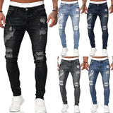 Street Style Ripped Skinny Jeans Men Vintage wash Solid Denim Trouser MartLion   