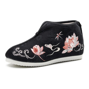 Veowalk Lotus Embroidered Women Cotton Mid-top Shoes with Warm Fleece Lining Winter Chic Elegant Ladies Jacquard Flat Platforms MartLion   