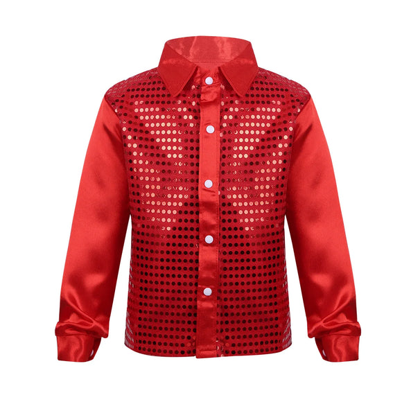 Kids Boys Shiny Sequin Long Sleeve Shirt Choir Jazz Dance Child Stage Performance Dance Top Rave Outfit MartLion Red 160 