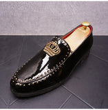 Luxury Men's Casual Shoes Patent Leather Pointed Toe Embroider Crown Leisure Black Wedding Dress Mart Lion   