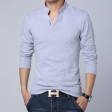 T-Shirt Men's Spring Cotton Solid Color Mandarin Collar Long Sleeve Slim Fit Tee Shirts Mart Lion grey M 