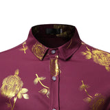 Stylish Rose Floral Gold Print Pink Shirt Men's Slim Fit Long Sleeve Dress Shirts Club Party Wedding Camisa Social MartLion   