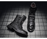Winter Men's Motorcycle Boots Mid-Calf Rock Punk Shoes Genuine Leather Black High top Casual