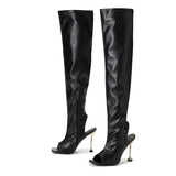 Spring Autumn Zip Metal Thin Heels Open Toe Leather Thigh High Over The Knee Boots Ladies Party Club Stripper Shoes Women Mart Lion   