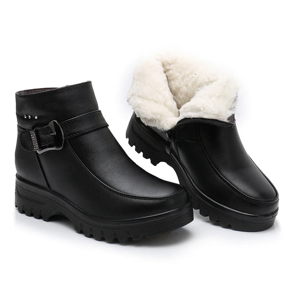 Winter Women Leather Ankle Boots Female Thick Plush Warm Snow Boots Mother Waterproof Booties MartLion 66617 black 8.5 