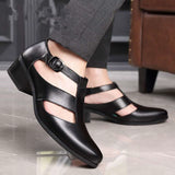 Men's Sandals PU Leather Hollow High Heels Shoes Buckle Strap Close Pointed Toe Rome Style Summer Trendy Mart Lion   