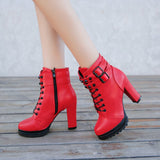 Women Motorcycle Boots Female 11cm High Heel Mature Flat Vintage Buckle Casual Lady Mart Lion Red 4 