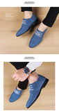 Men's Classic Shoes Dress Korea Pointed Toe Lace-Up Formal Wedding Blue Hemp Mart Lion   
