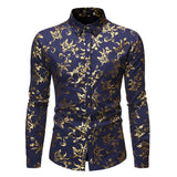 White Men's Shirt Luxury Gold Floral Print Dress Shirts Slim Fit Long Sleeve Chemise Homme Streetwear Hawaiian Shirt MartLion navy S 