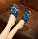 Veowalk Cotton Flower Appliques Women Canvas Wedge Slippers Summer Retro Ladies Med Heel Slides Mules Comfort Platforms Shoes MartLion   