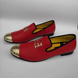 Men's Leather Casual Shoes Design Bright Face Buckle and Gold Metal Toe Driving Part Flats MartLion RED 5.5 