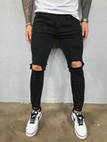 Men Jeans Knee Hole Ripped Stretch Skinny Denim Pants Solid Color Black Blue Summer MartLion   