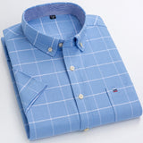 Men's Summer Casual Short Sleeve 100% Cotton Thin Oxford Shirt Single Patch Pocket Standard-fit Button-down Plaid Striped Mart Lion D501 41 