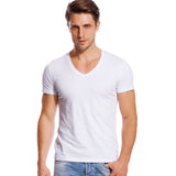  Deep V Neck T Shirt for Men's Low Cut Wide Collar Top Tees Modal Cotton Slim Fit Short Sleeve Invisible Undershirt Mart Lion - Mart Lion