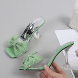 Summer Party Slippers Green Rhinestone Bow Heels Sandals Women Square Open Toe PVC Transparent Shoes Slides Mart Lion - Mart Lion