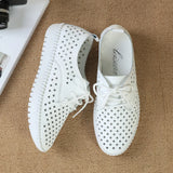 Genuine Leather ladies flats sneakers Women casual loafers shoes Hollow moccasins White Lace up canvas Boat MartLion   