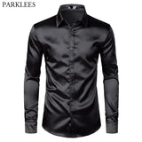 Men's Black Satin Luxury Dress Shirts Silk Smooth Tuxedo Slim Fit Wedding Party Prom Casual Chemise Homme MartLion   