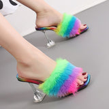 Summer Woman Pumps Transparent Perspex High Heels Color Feather Fur Peep Toe Mules Slippers Ladies Slides Shoes Sandals Mart Lion   