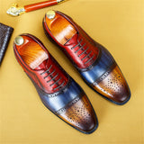 British Trend Brock Dress Men's Leather Color Matching Shoes Carved Gentleman Square Head Lace Up MartLion   