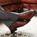 Design Cowboy Boots Black Brown Faux Leather Ankle Retro Men's Crocodile Pattern Western Footwear Mart Lion   