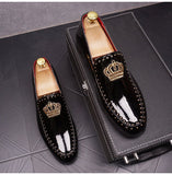 Luxury Men's Casual Shoes Patent Leather Pointed Toe Embroider Crown Leisure Black Wedding Dress Mart Lion   